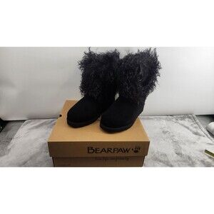BEARPAW Janell Wide Women's Size 7W Black Faux Fur Suede Boots NWB